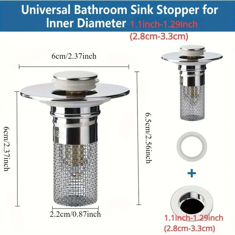 🔥Bathroom Sink Stopper Hair Catcher, Universal Pop Up Sink Drain Filter with Stainless Steel Filter Basket, Bathroom Sink Drain Strainer