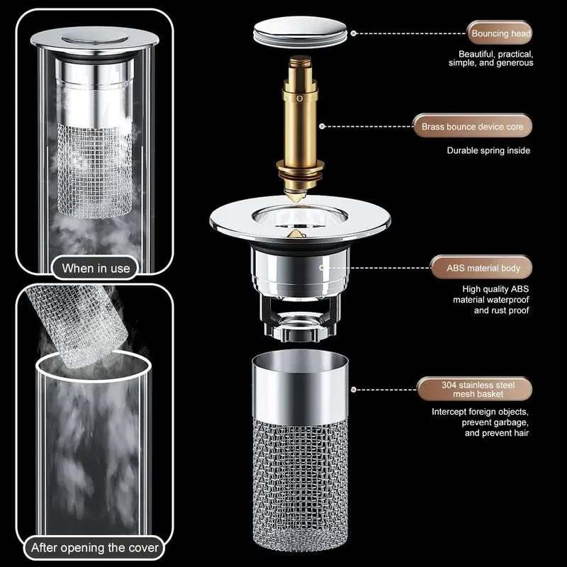 🔥Bathroom Sink Stopper Hair Catcher, Universal Pop Up Sink Drain Filter with Stainless Steel Filter Basket, Bathroom Sink Drain Strainer