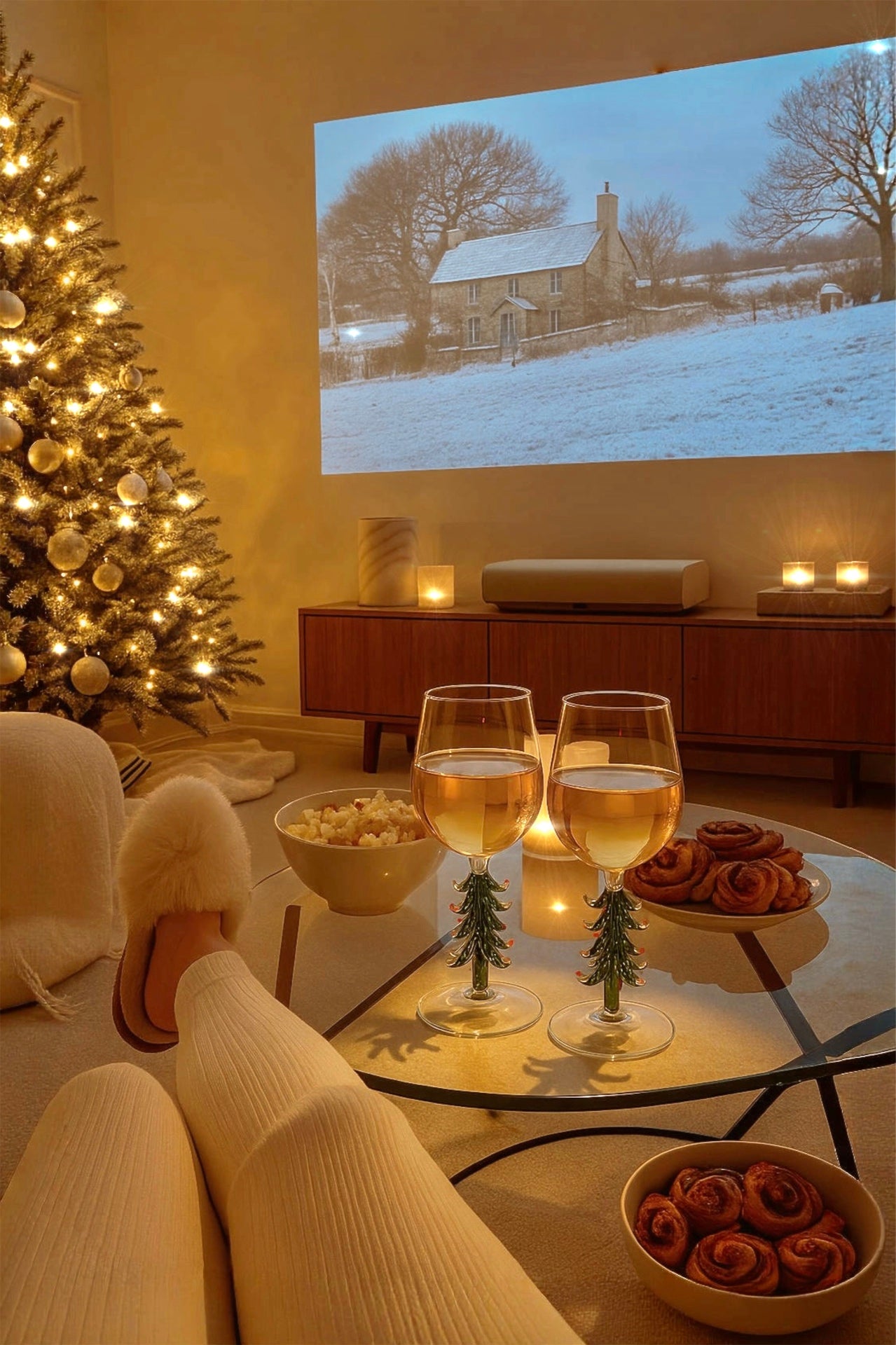 A couple enjoying the Merry Christmas Wine Flute Set with cinnamon rolls and popcorn.
