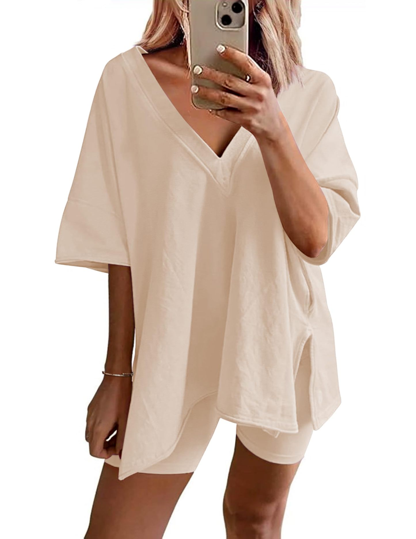 Womens Reversible Oversized V Neck T-Shirts Tops Biker Shorts Set