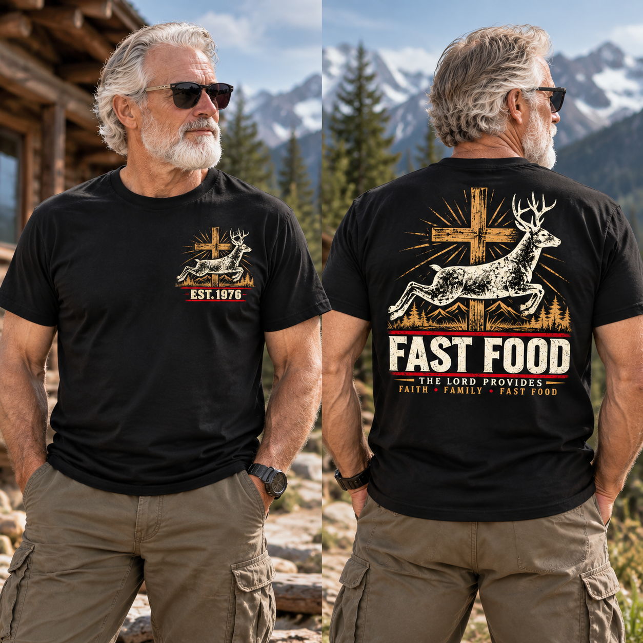 Faith Family Fast Food Deer Hunting T-Shirt, The Lord Provides Vintage Cross EST.Year Hunter Graphic Tee