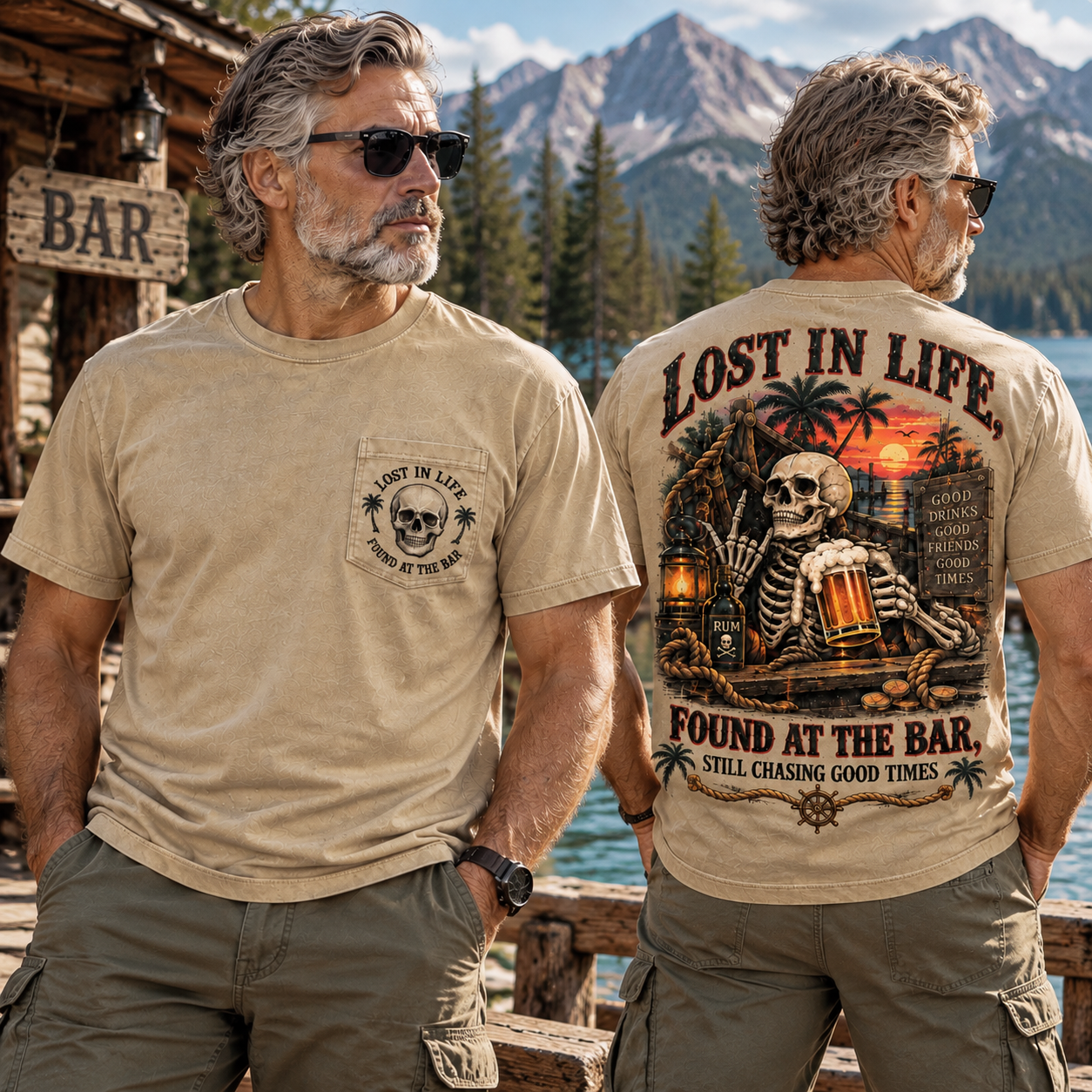 Men’s “LOST THE FEAR · FOUND THE BAR” Retro Skull Printed T-Shirt