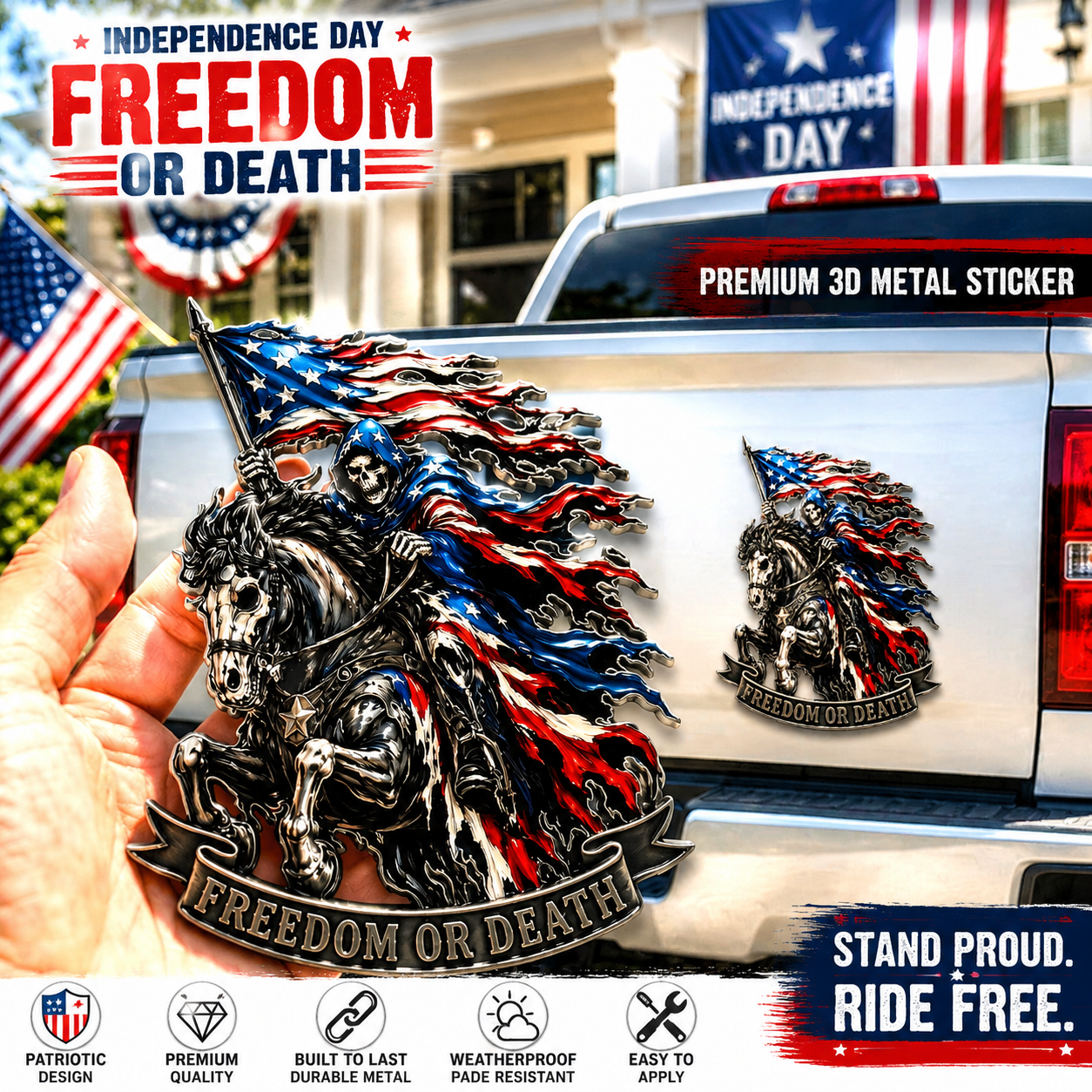 ☠️ "Freedom or Death" Metal USA Flag Skeleton Rider Emblem