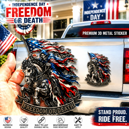 ☠️ "Freedom or Death" Metal USA Flag Skeleton Rider Emblem