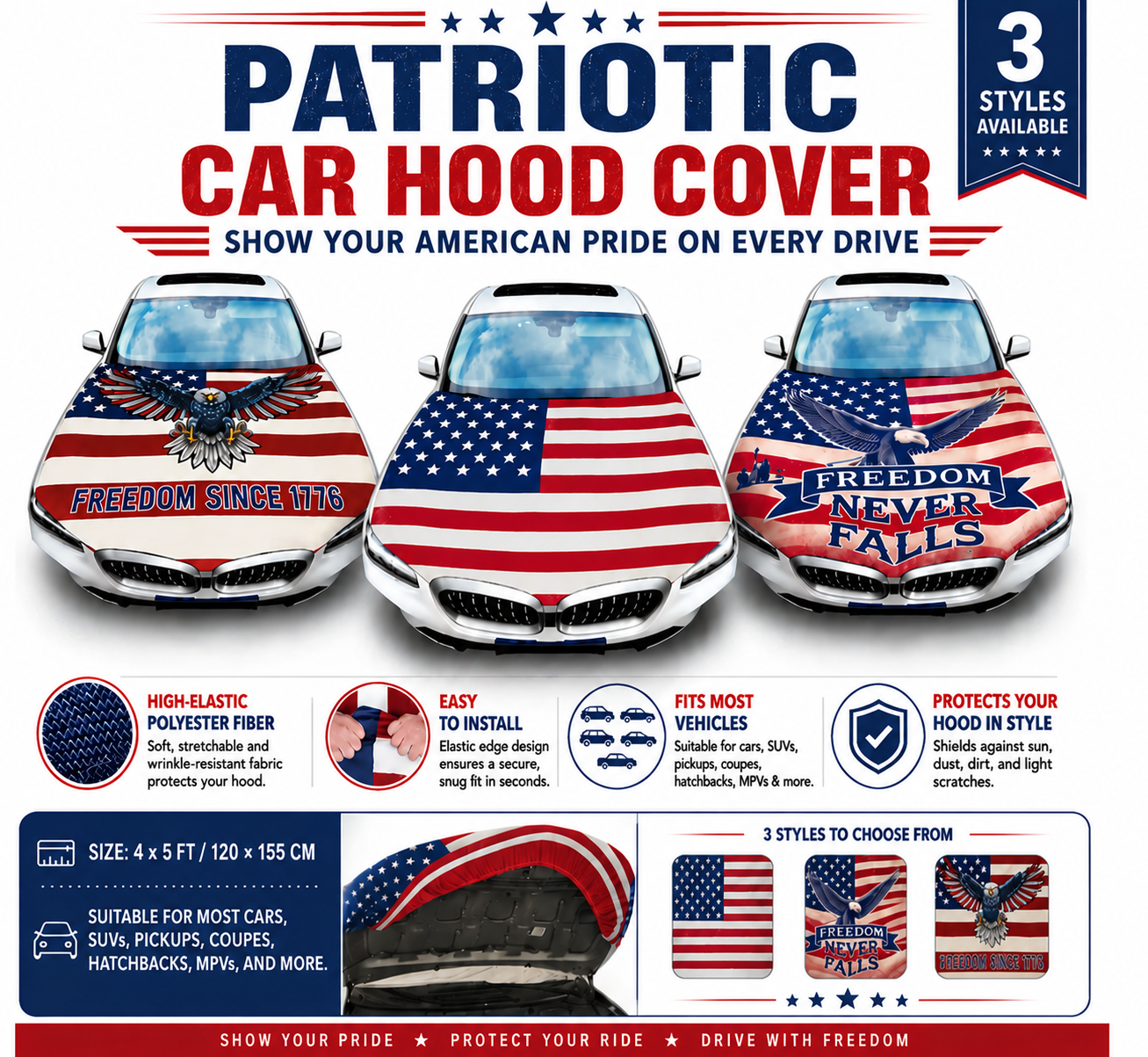 🇺🇸 Universal American Hood Flag Cover 🔥 Secure Buckle Design for Stable Highway Driving 🦅 Fits Most Cars, SUVs & Pickups[Buy 2 Free Shipping]