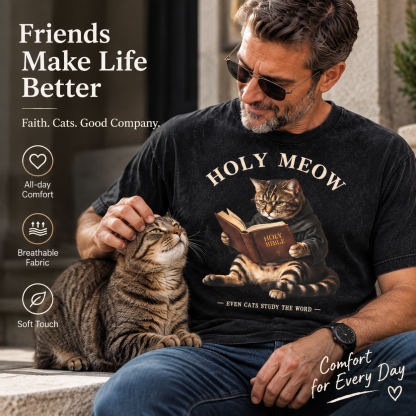 Holy Meow Even Cats Study The Word Christian Washed T-Shirt