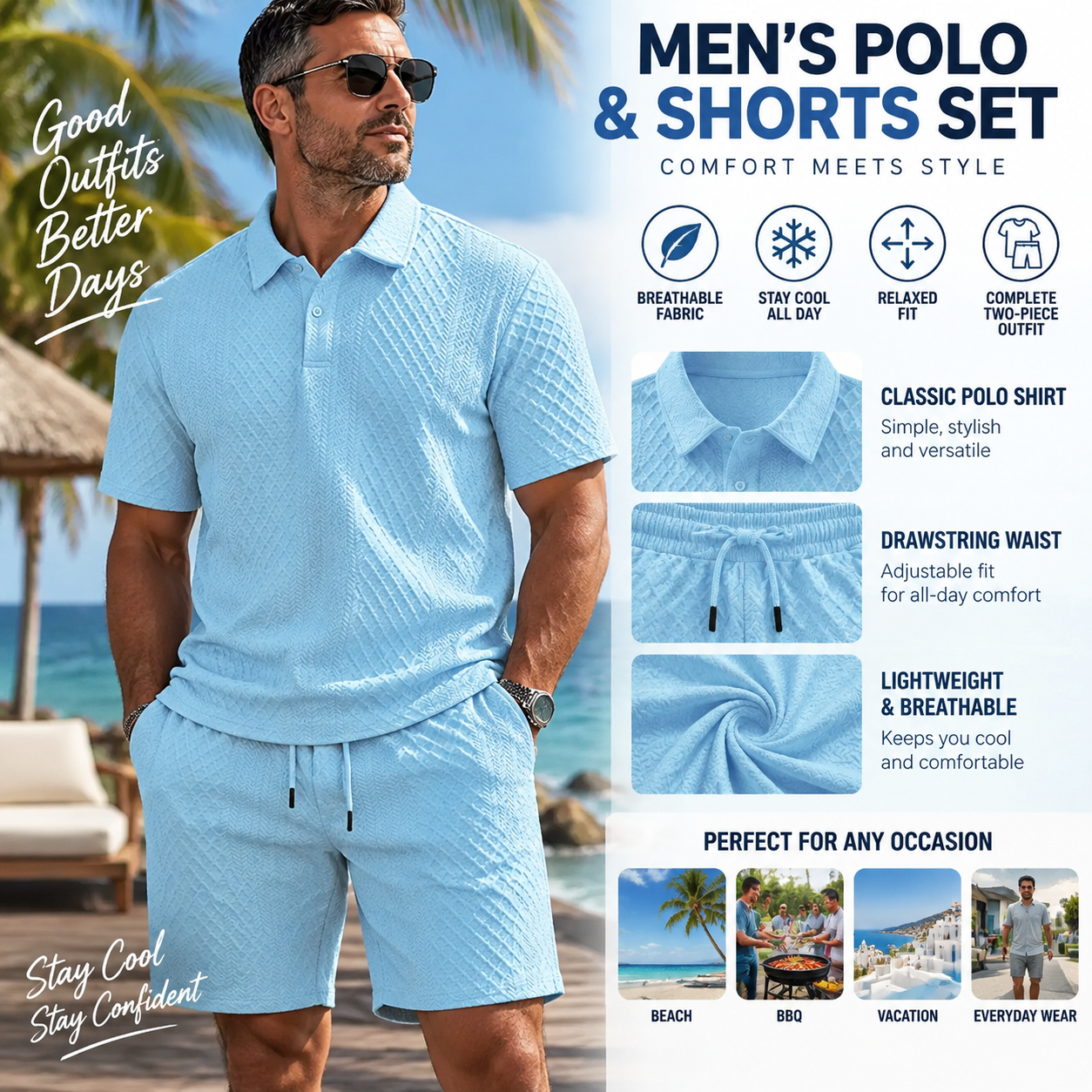Men's Solid Polo Shirt & Drawstring Waist Shorts Set, Cozy Breathable Two-piece Outfits