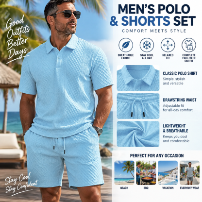 Men's Solid Polo Shirt & Drawstring Waist Shorts Set, Cozy Breathable Two-piece Outfits
