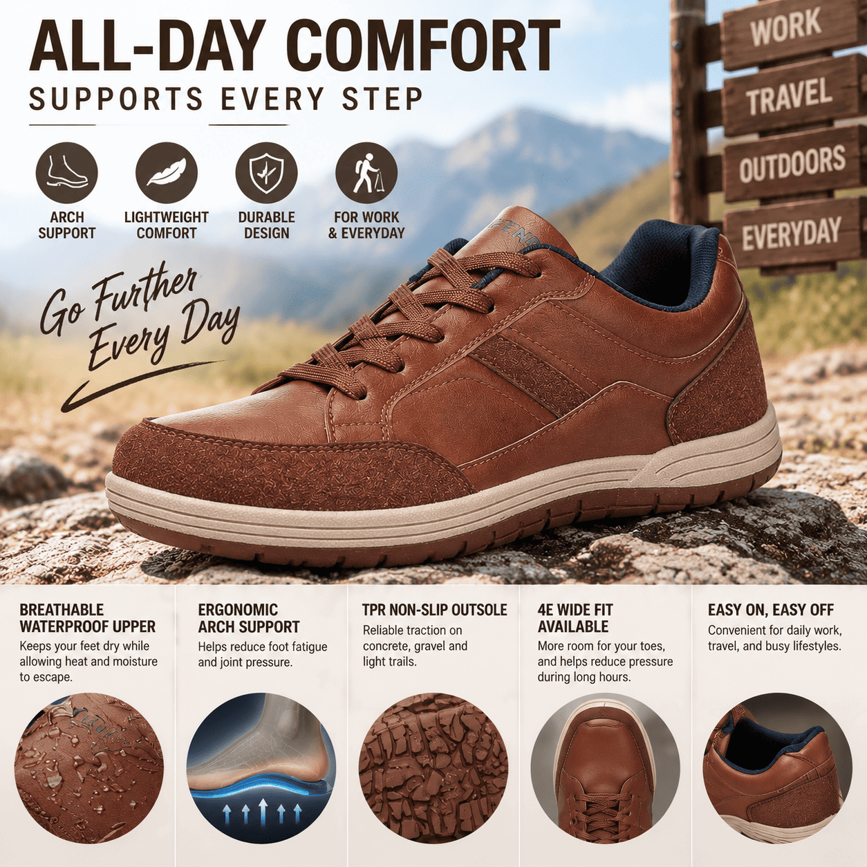 Men's Genuine Leather Walking Shoes - Maximum Support, Wide Toe Box with Arch Support