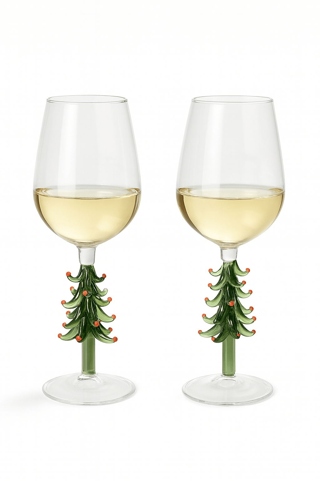 Merry Christmas Wine Flute Set of 2 designed with green Christmas trees as stems.