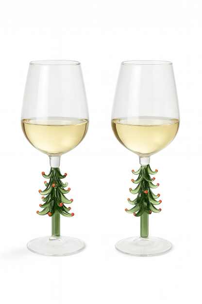 Merry Christmas Wine Flute Set of 2 designed with green Christmas trees as stems.