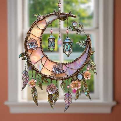 🔥🔥New Year Gift--🌙Hand-Painted Moon and Floral Window Decor💖--2D Acrylic