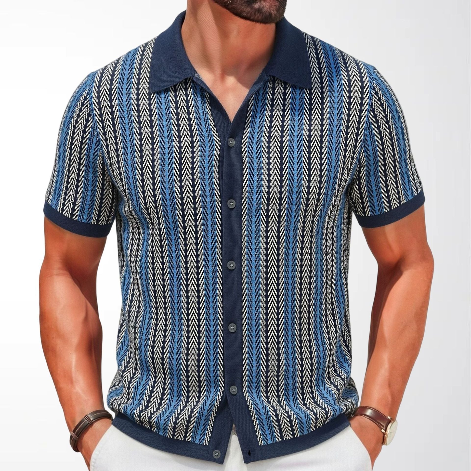 Men's Vertical Stripe Short Sleeve Knit Polo Shirt