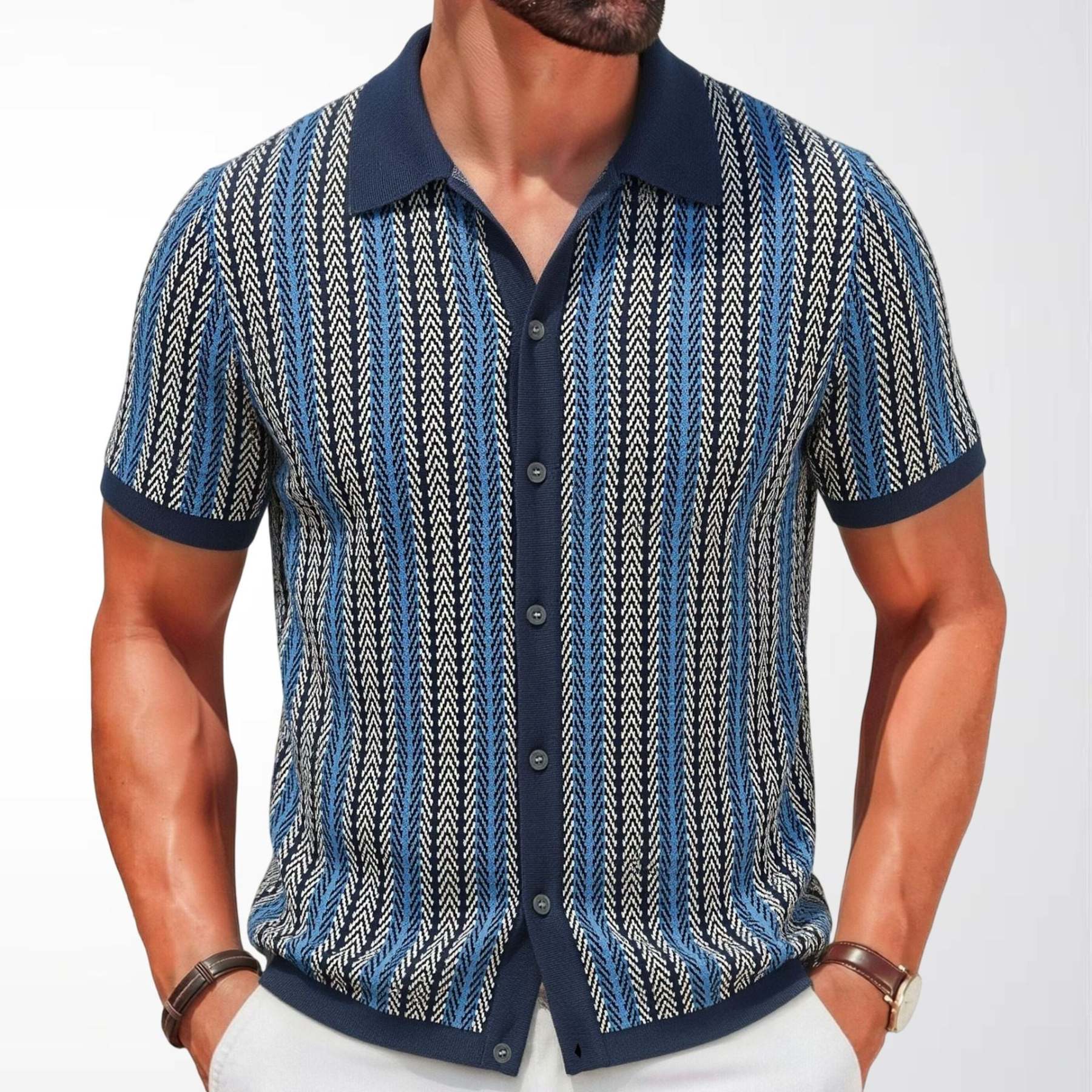 Men's Vertical Stripe Short Sleeve Knit Polo Shirt