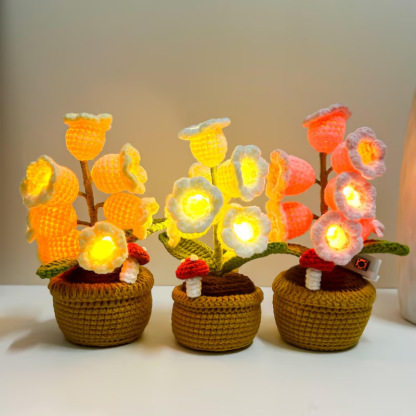LED Light Crocheted Lily of the Valley - Glowing Potted Knit Flower Home Ambiance Decor