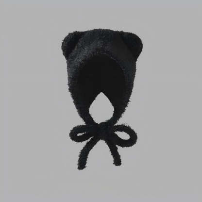Women's Plush Bear Knitted Beanie - Winter Windproof Ear Protection Hat - Hand Crochet Cotton Acrylic Blend