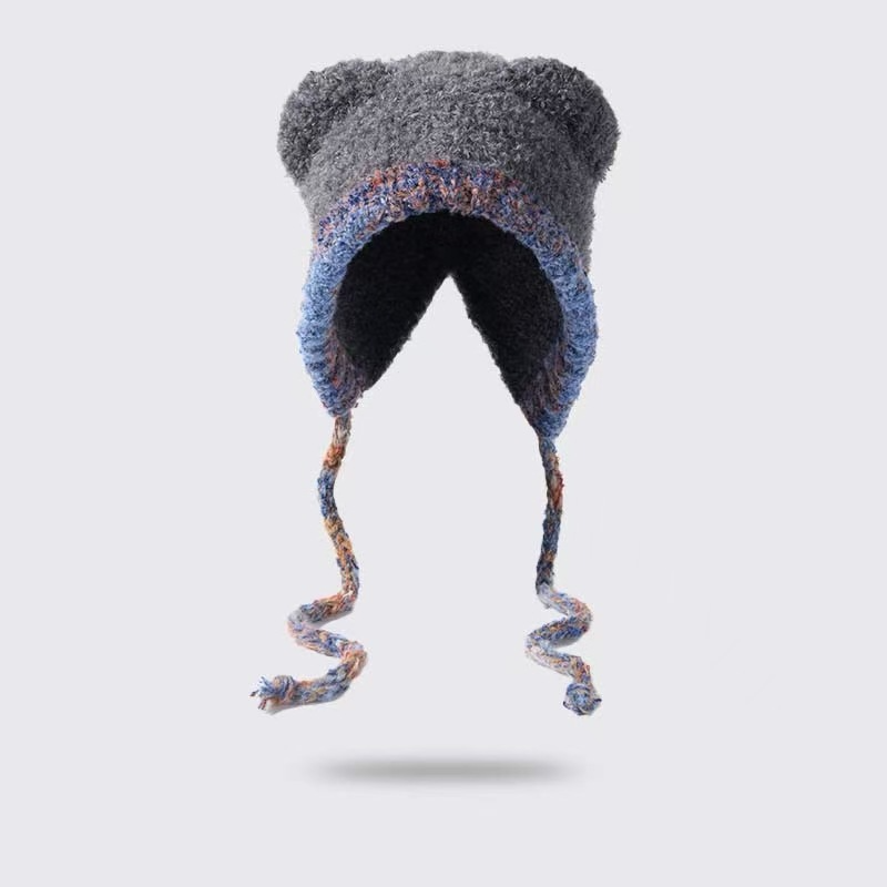 Women's Plush Bear Knitted Beanie - Winter Windproof Ear Protection Hat - Hand Crochet Cotton Acrylic Blend