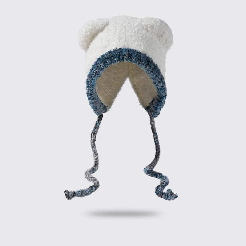 Women's Plush Bear Knitted Beanie - Winter Windproof Ear Protection Hat - Hand Crochet Cotton Acrylic Blend