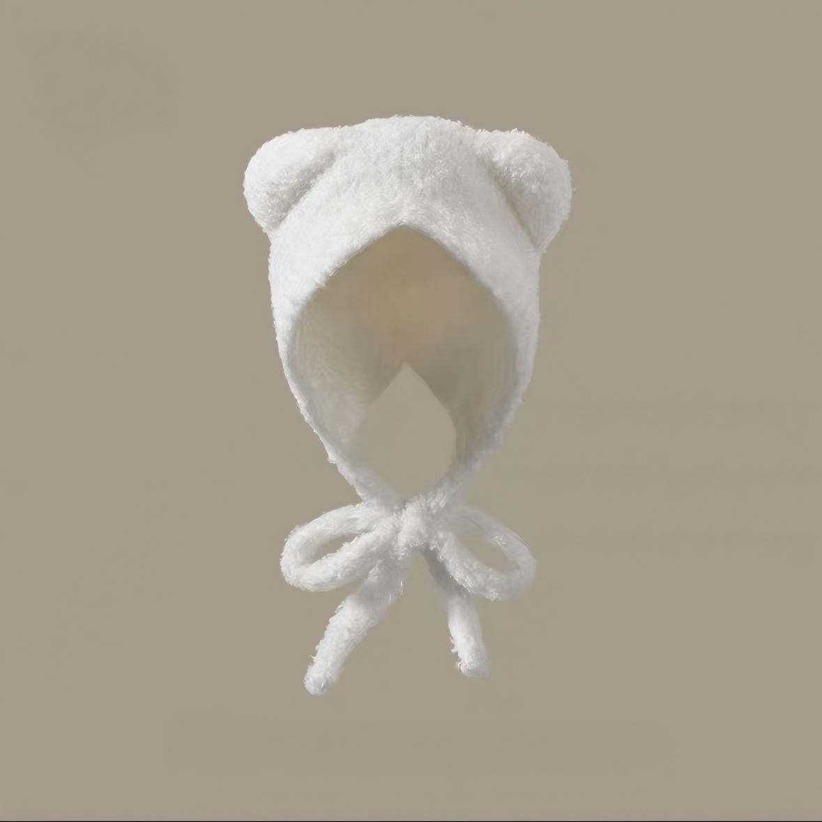 Women's Plush Bear Knitted Beanie - Winter Windproof Ear Protection Hat - Hand Crochet Cotton Acrylic Blend