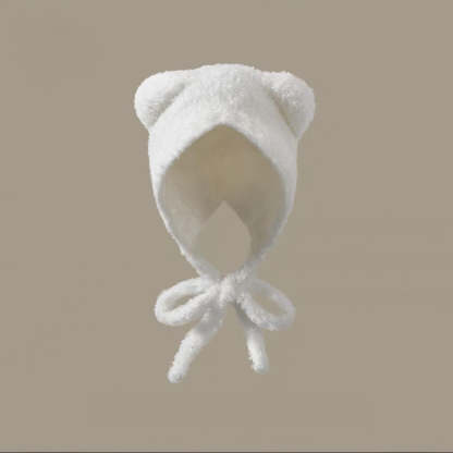 Women's Plush Bear Knitted Beanie - Winter Windproof Ear Protection Hat - Hand Crochet Cotton Acrylic Blend