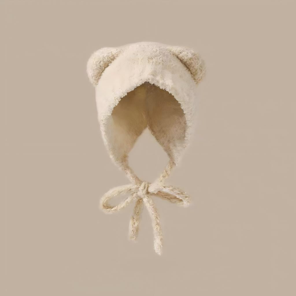 Women's Plush Bear Knitted Beanie - Winter Windproof Ear Protection Hat - Hand Crochet Cotton Acrylic Blend
