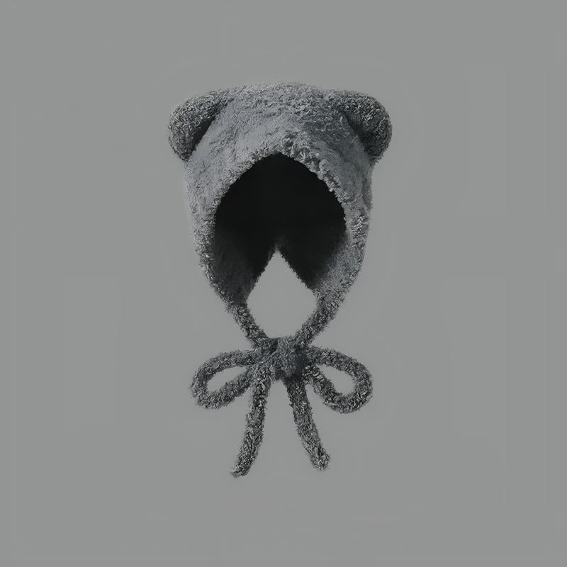 Women's Plush Bear Knitted Beanie - Winter Windproof Ear Protection Hat - Hand Crochet Cotton Acrylic Blend