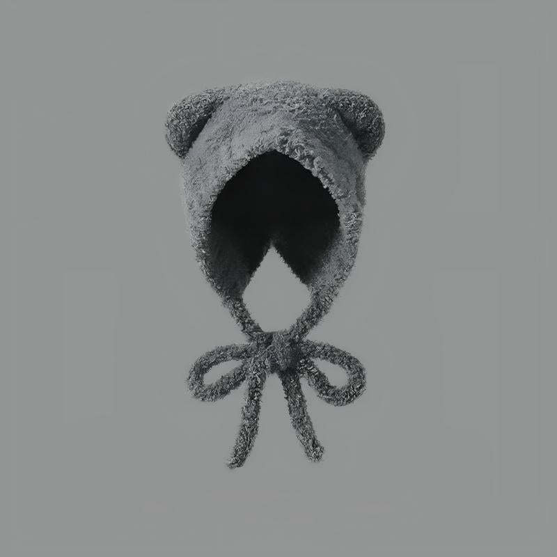 Women's Plush Bear Knitted Beanie - Winter Windproof Ear Protection Hat - Hand Crochet Cotton Acrylic Blend