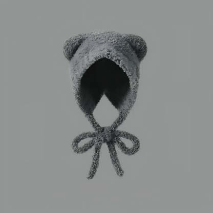 Women's Plush Bear Knitted Beanie - Winter Windproof Ear Protection Hat - Hand Crochet Cotton Acrylic Blend