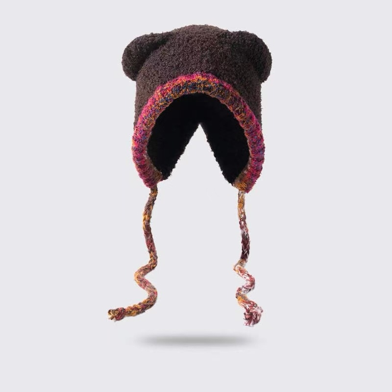 Women's Plush Bear Knitted Beanie - Winter Windproof Ear Protection Hat - Hand Crochet Cotton Acrylic Blend