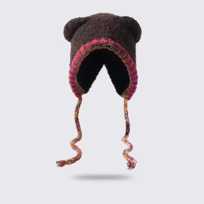 Women's Plush Bear Knitted Beanie - Winter Windproof Ear Protection Hat - Hand Crochet Cotton Acrylic Blend