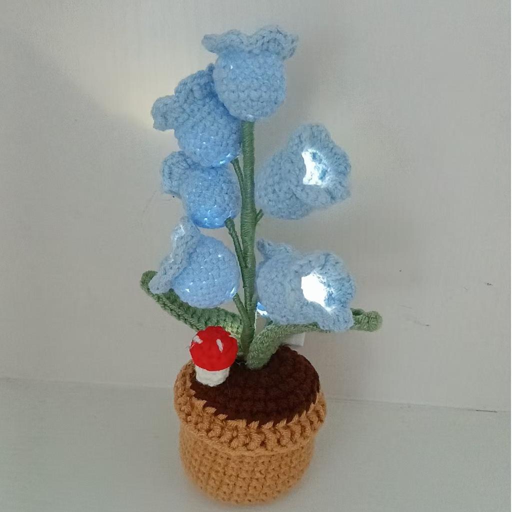 LED Light Crocheted Lily of the Valley - Glowing Potted Knit Flower Home Ambiance Decor