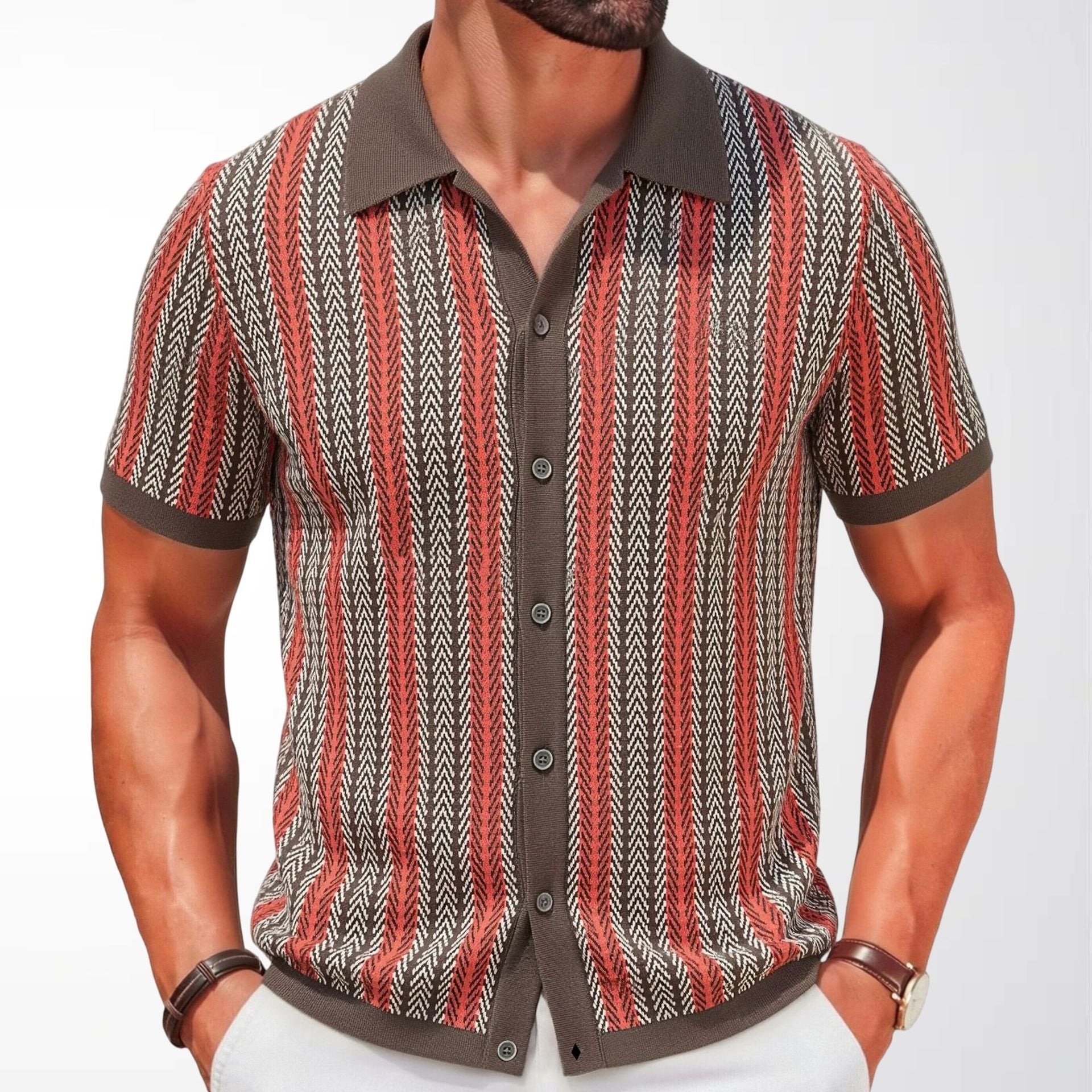 Men's Vertical Stripe Short Sleeve Knit Polo Shirt