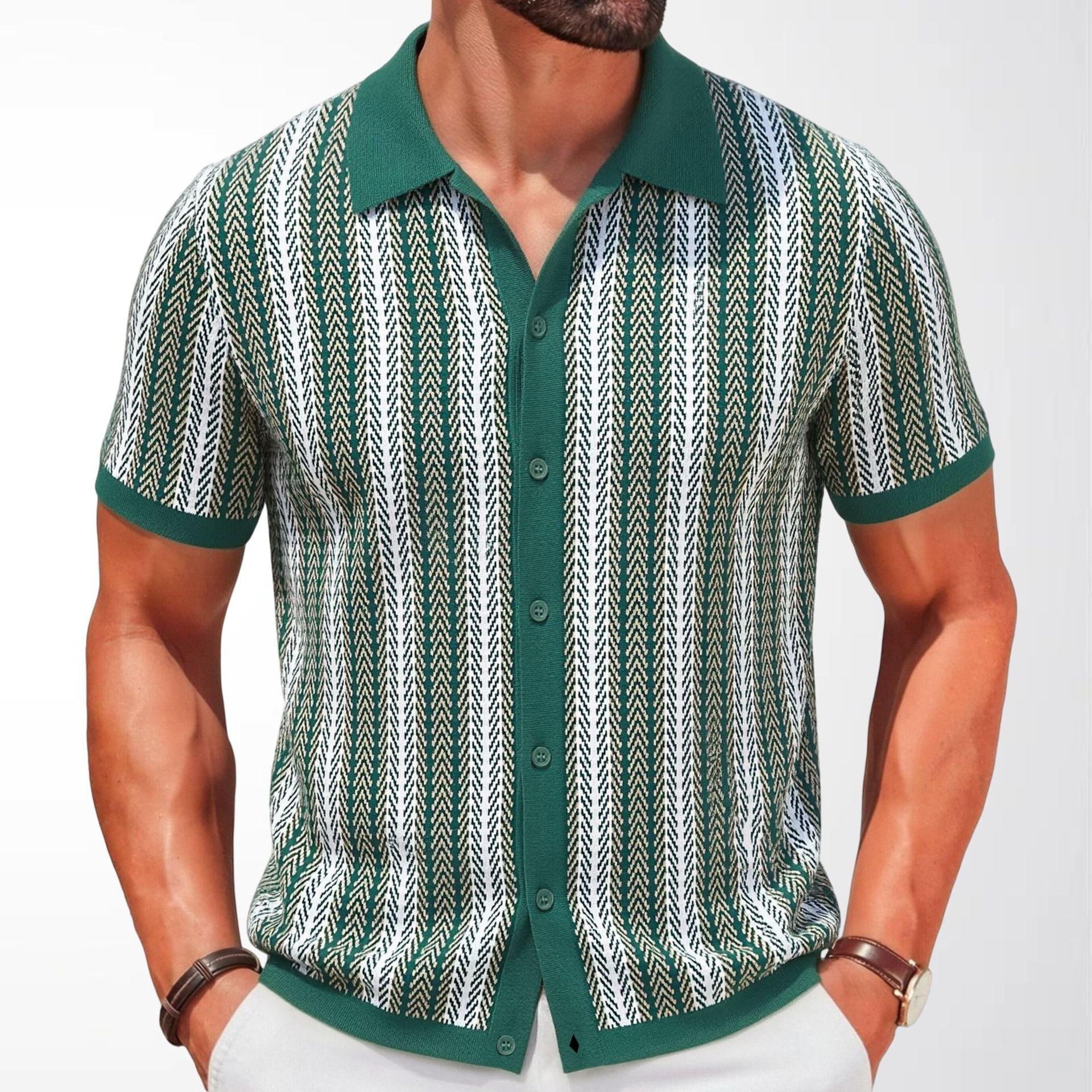 Men's Vertical Stripe Short Sleeve Knit Polo Shirt
