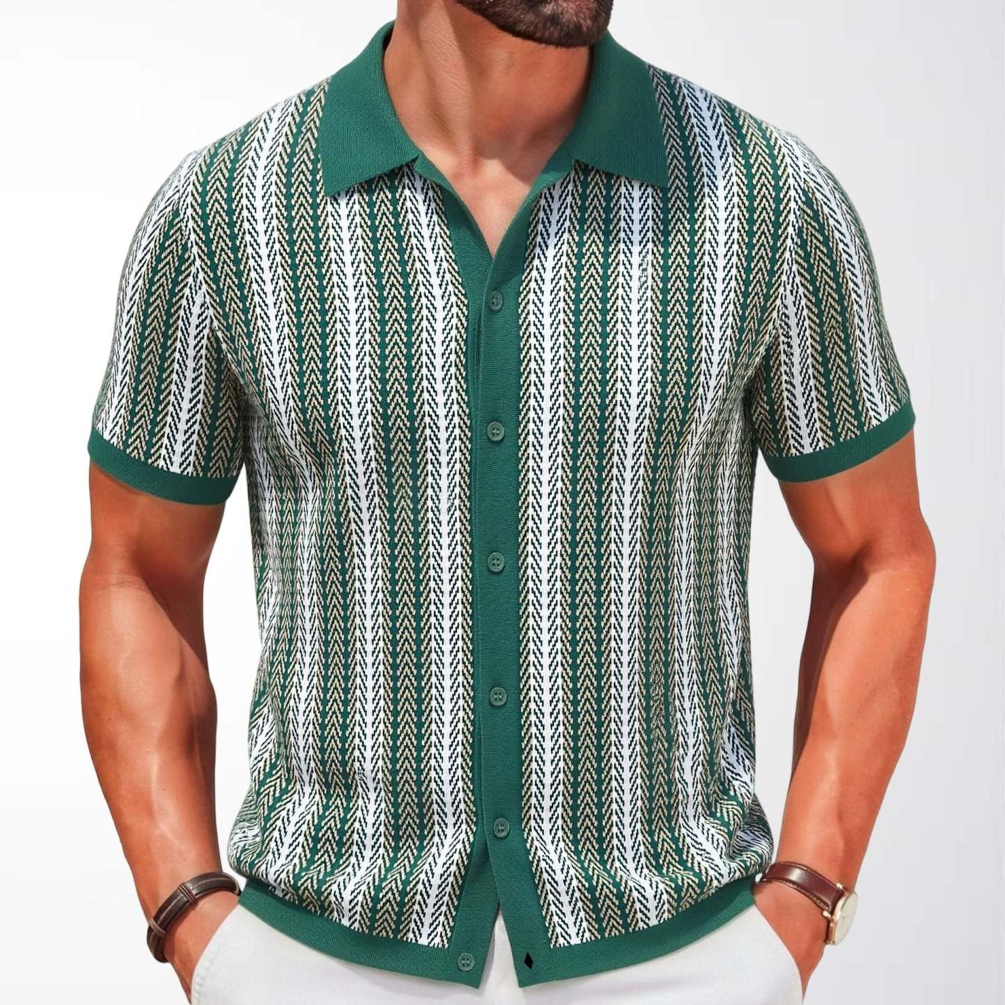 Men's Vertical Stripe Short Sleeve Knit Polo Shirt