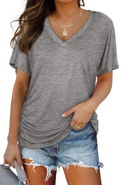 Limited Time Sale🔥Women's Side Shirring Versatile Short-Sleeved V-Neck Bat Top