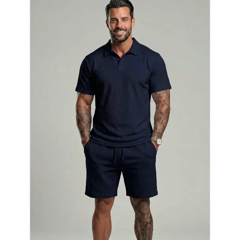 ⏰LAST DAY 55% OFF - Men's Solid Polo Shirt & Drawstring Waist Shorts Set Cozy Breathable Two-piece Outfits for Daily Outdoor Wear Menswear Suits