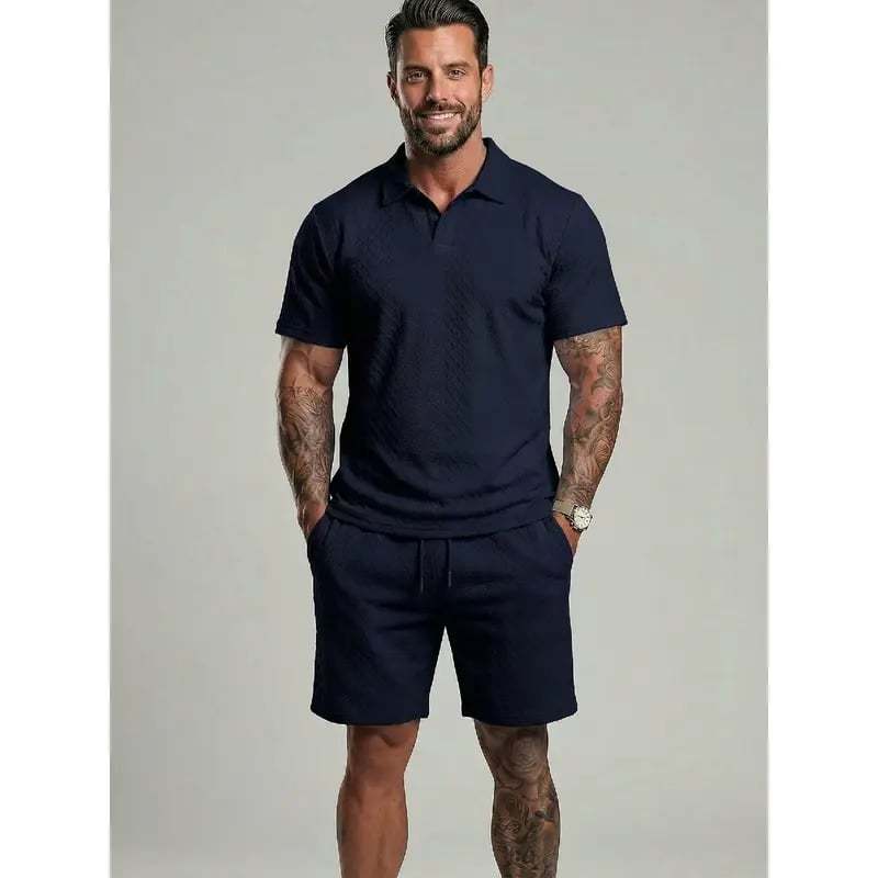⏰LAST DAY 55% OFF - Men's Solid Polo Shirt & Drawstring Waist Shorts Set Cozy Breathable Two-piece Outfits for Daily Outdoor Wear Menswear Suits