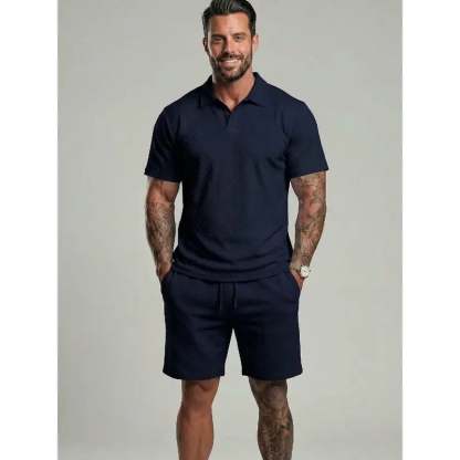⏰LAST DAY 55% OFF - Men's Solid Polo Shirt & Drawstring Waist Shorts Set Cozy Breathable Two-piece Outfits for Daily Outdoor Wear Menswear Suits