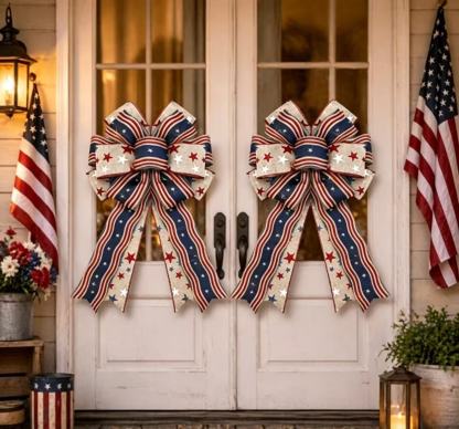 Show Your American Pride ❤️🤍💙 2Pcs LED Patriotic Burlap Bow Set For Front Door & Wreath Decor