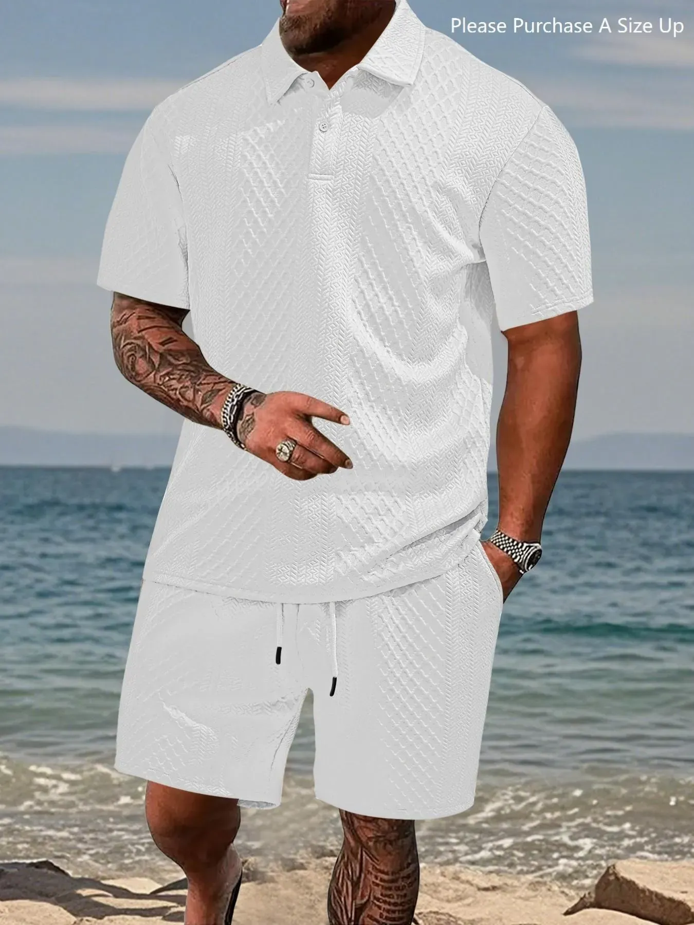 Men's Solid Polo Shirt & Drawstring Waist Shorts Set, Cozy Breathable Two-piece Outfits