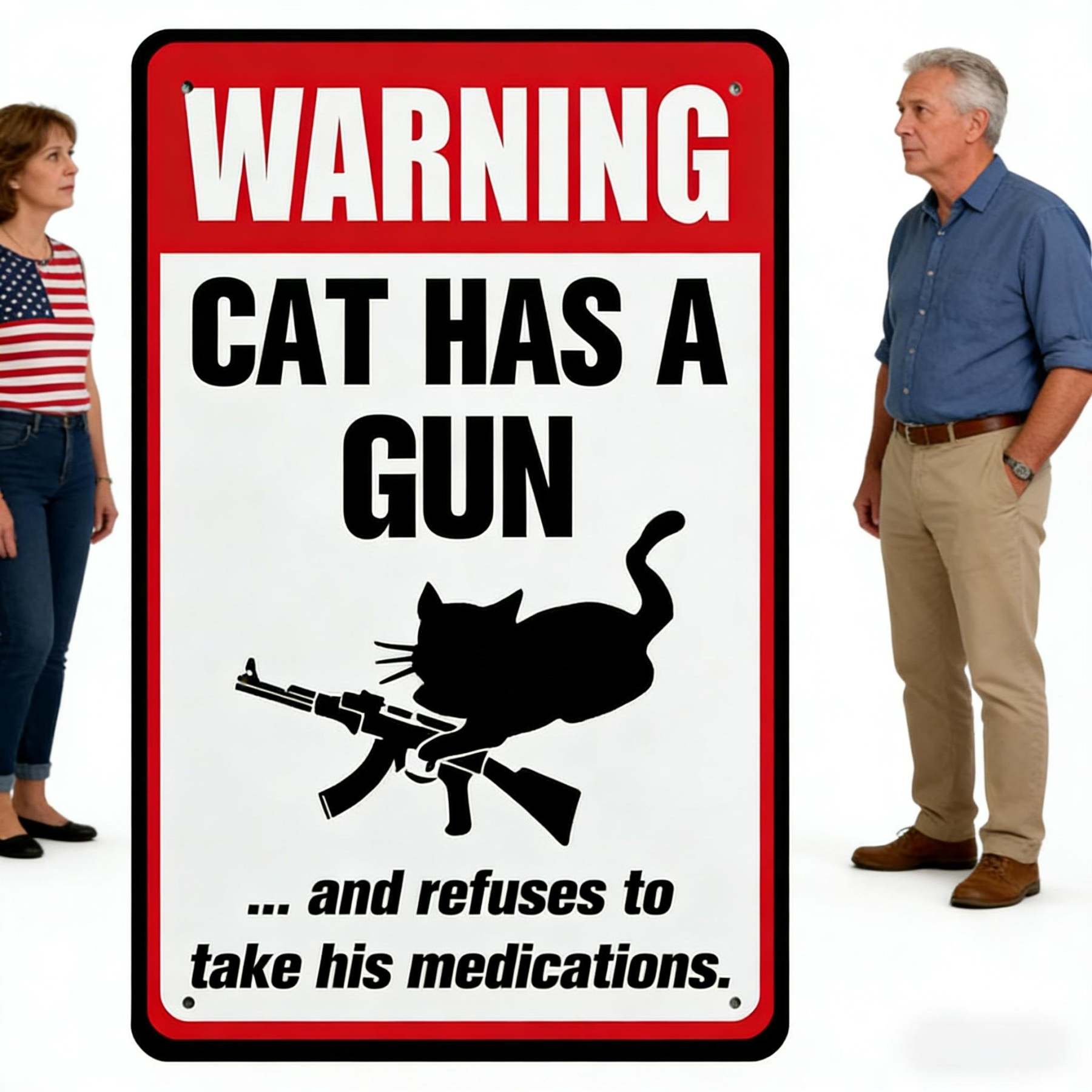 Funny "Cat & Dog Has a Gun & Won't Take Meds" Aluminum Sign