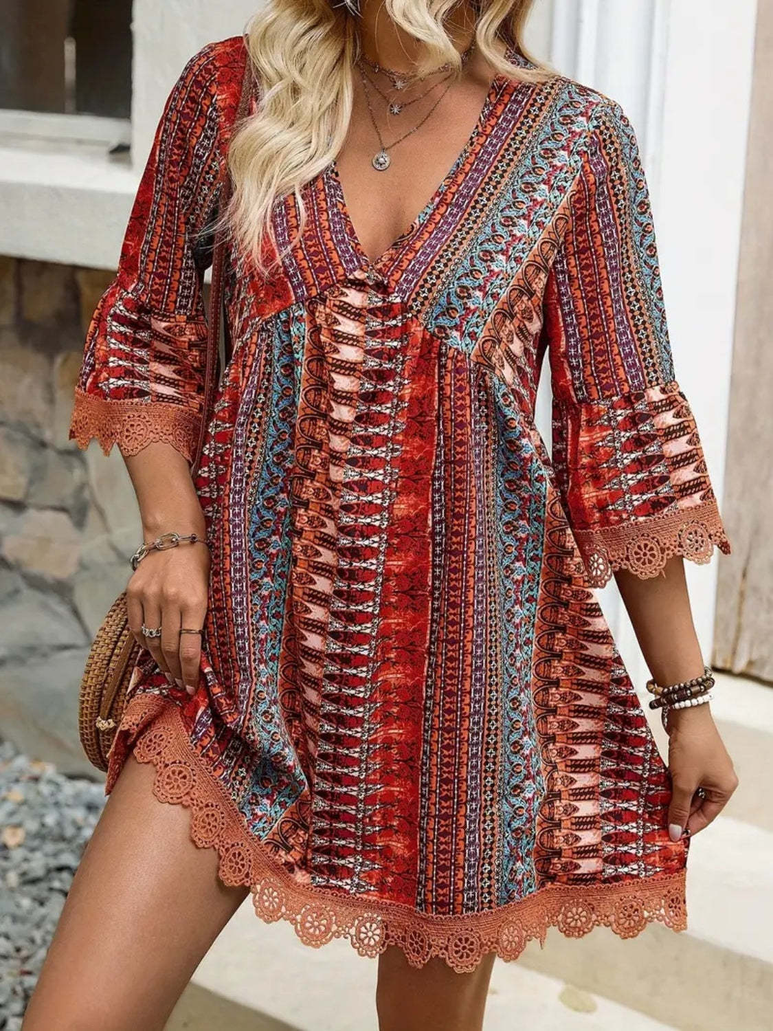🌷🌷Lace Trim Printed V-Neck 3/4 Sleeve Dress(S-5XL)