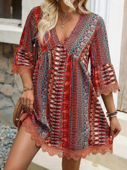 🌷🌷Lace Trim Printed V-Neck 3/4 Sleeve Dress(S-5XL)