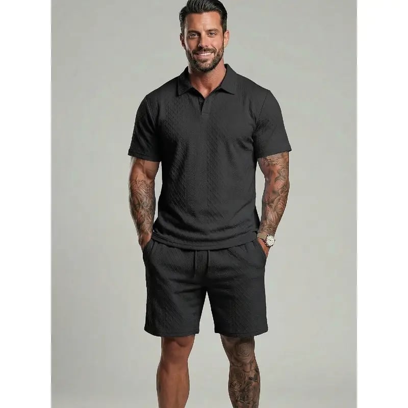 ⏰LAST DAY 55% OFF - Men's Solid Polo Shirt & Drawstring Waist Shorts Set Cozy Breathable Two-piece Outfits for Daily Outdoor Wear Menswear Suits