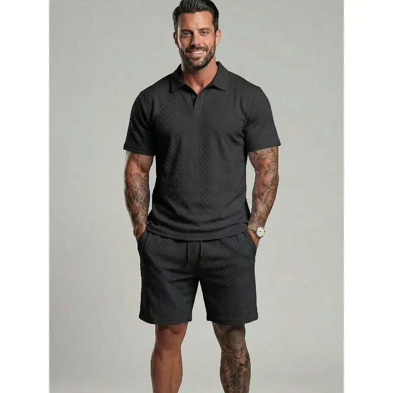⏰LAST DAY 55% OFF - Men's Solid Polo Shirt & Drawstring Waist Shorts Set Cozy Breathable Two-piece Outfits for Daily Outdoor Wear Menswear Suits