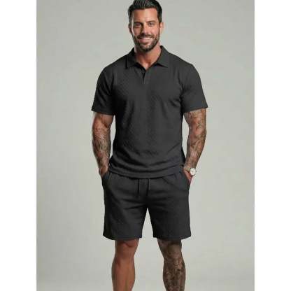 ⏰LAST DAY 55% OFF - Men's Solid Polo Shirt & Drawstring Waist Shorts Set Cozy Breathable Two-piece Outfits for Daily Outdoor Wear Menswear Suits
