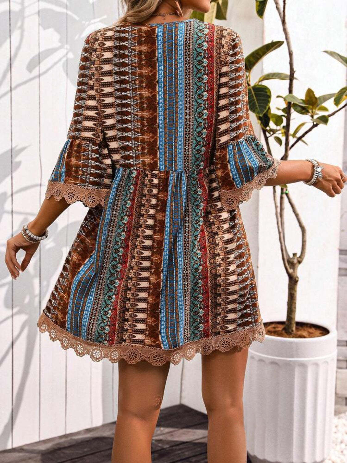 🌷🌷Lace Trim Printed V-Neck 3/4 Sleeve Dress(S-5XL)