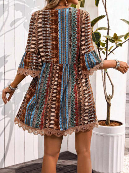🌷🌷Lace Trim Printed V-Neck 3/4 Sleeve Dress(S-5XL)