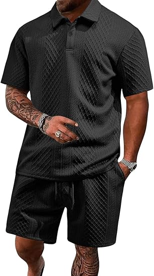⏰LAST DAY 55% OFF - Men's Solid Polo Shirt & Drawstring Waist Shorts Set Cozy Breathable Two-piece Outfits for Daily Outdoor Wear Menswear Suits
