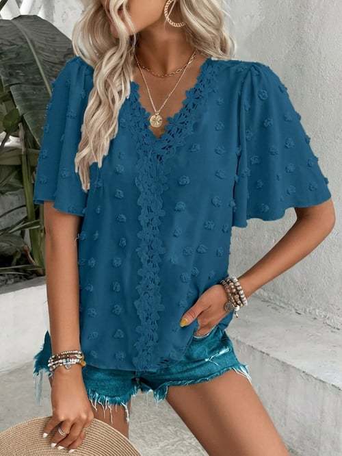 🔥 Elegant Swiss Dot Lace Butterfly Sleeve Shirt, Long Sleeve Commuter Top, Loose Fit Casual Summer Blouse for Women